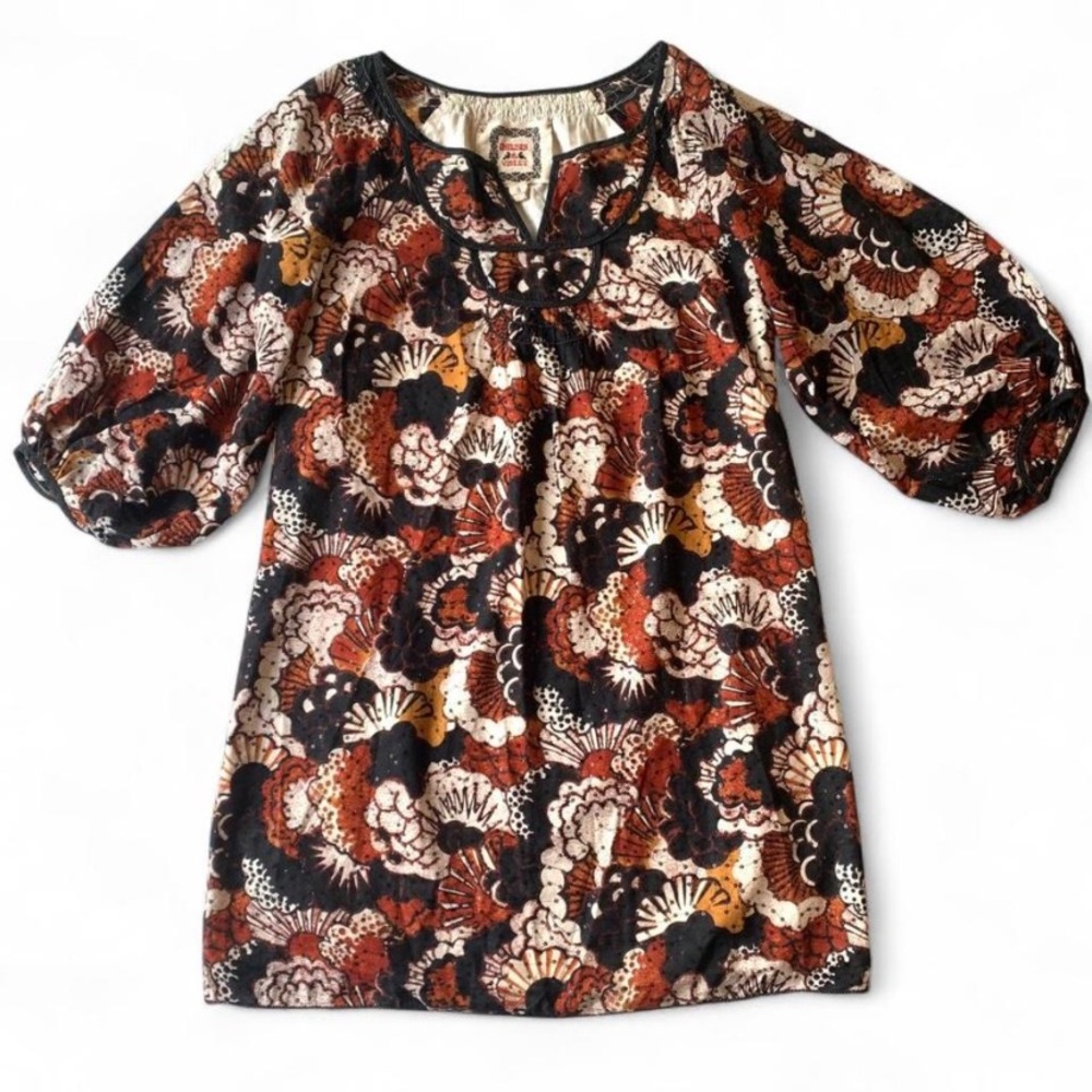 Chelsea & Violet Retro Peasant Mini Dress in Rust, Black & Cream